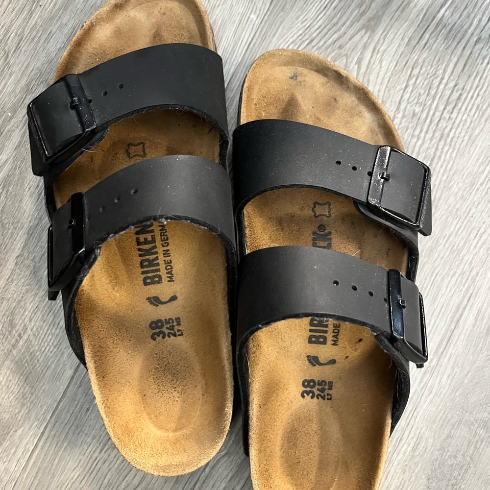 Birkenstock Black Sandals with Adjustable Straps and Cork Footbed